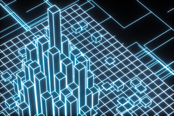 Cubes and lines with dark background, 3d rendering.
