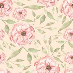 Watercolor hand drawn  seamless peony garden with leaves branch pattern in soft neutral colors. Beautiful girly floral roses background, beige yellow and tender pink colors. Vintage flowers pattern.