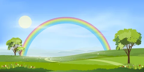 Kissenbezug Panorama view of spring village with green meadow on hills with blue sky and rainbow after rain,Vector cartoon Spring or Summer landscape, Panorama countryside mountains with flowers fields © Anchalee