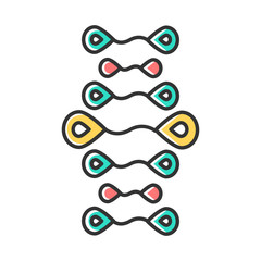 DNA strands color icon. Deoxyribonucleic, nucleic acid helix. Spiraling strands. Chromosome. Molecular biology. Genetic engineering. Genome. Genetics. Medicine. Isolated vector illustration