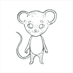 Vector illustration of cute and pretty little mouse or rat. Hand drawn cartoon animal character for kids and children isolated at white background.