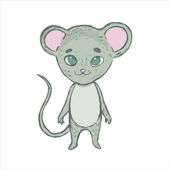 Vector illustration of cute and pretty grey  little mouse or rat with blue eyes. Hand drawn cartoon animal character for kids and children isolated at white background.
