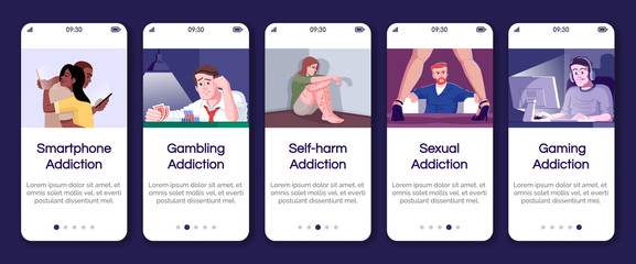 Addictions onboarding mobile app page screen vector template. Gambling obsession, self harm. Walkthrough website steps with flat characters. UX, UI, GUI smartphone cartoon interface concept