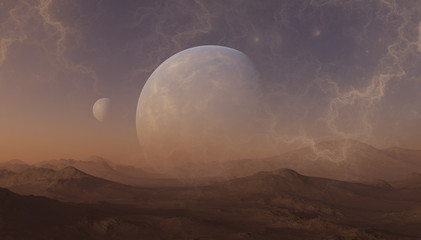 3d rendered Space Art: Alien Planet - A Fantasy Landscape with purple skies and clouds © britaseifert