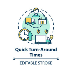 Quick turn around times concept icon. Delivery service. Freight transportation. Logistics. Transport of goods idea thin line illustration. Vector isolated outline drawing. Editable stroke