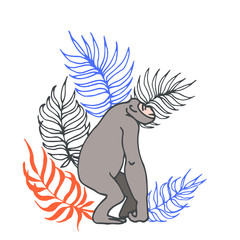 APE chimpanzee emerges from jungle and palm leaves Scandinavian vector illustration as pattern isolated on white background in hand drawn style