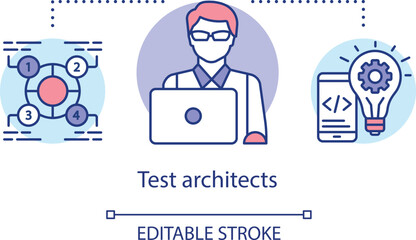 Test architects concept icon. IT developers idea thin line illustration. Creative employee. Software testing process. Indicating issues and problems. Vector isolated outline drawing. Editable stroke