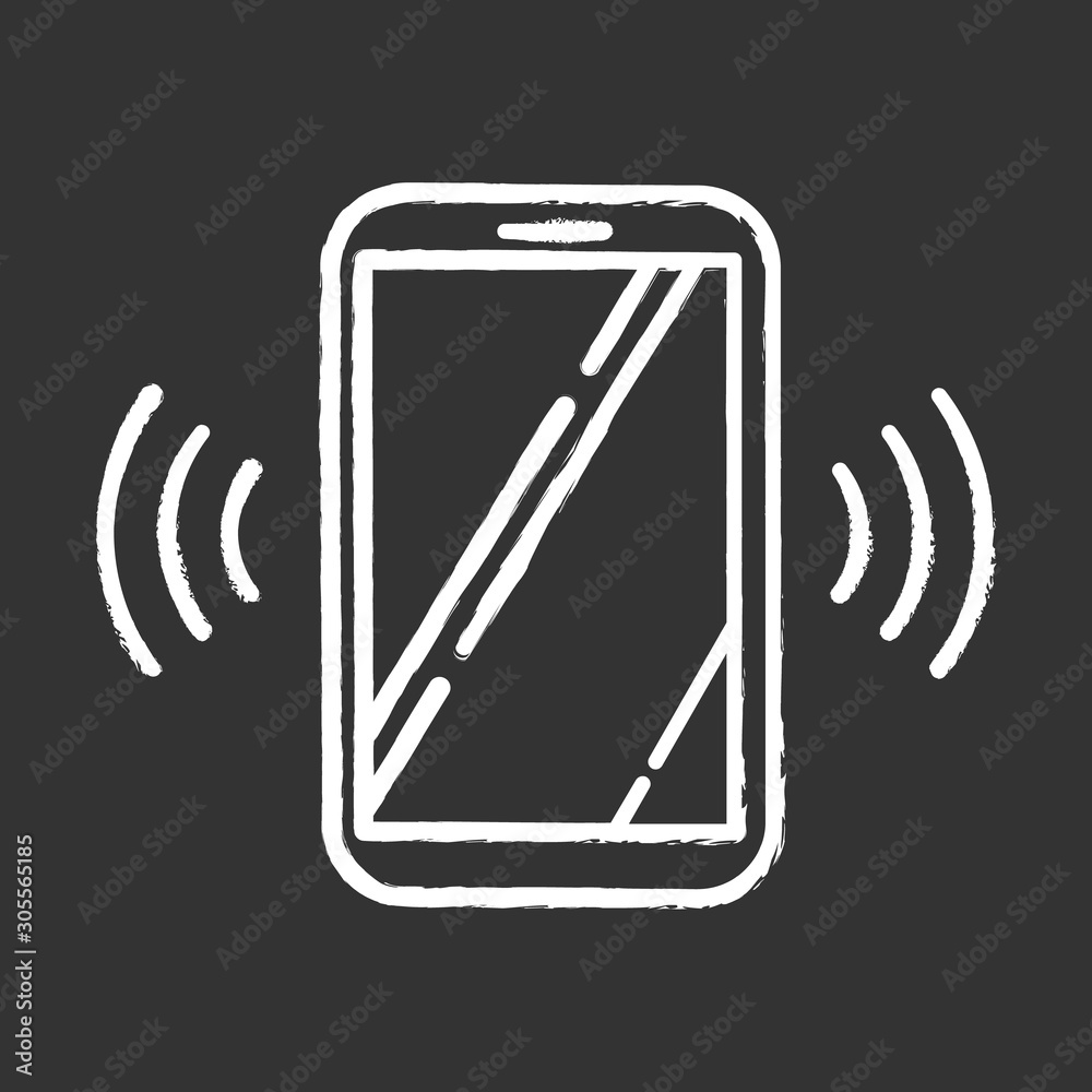 Poster Ringing smartphone chalk icon. Mobile voice control idea. Sound command. Loud volume, audio frequency. Phone call, vibro signal. Modern digital device. Isolated vector chalkboard illustration