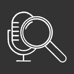 Voice search command chalk icon. Sound request idea. Microphone and magnifier. Sound recorder, music equipment. Multimedia tool, magnifying glass. Isolated vector chalkboard illustration
