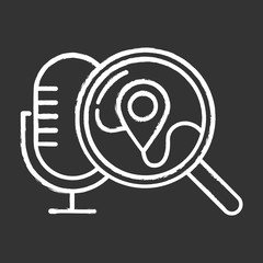 Geolocation voice request chalk icon. Location search idea. Sound control, microphone command, magnifying glass. Smart assistant, innovative technology. Isolated vector chalkboard illustration