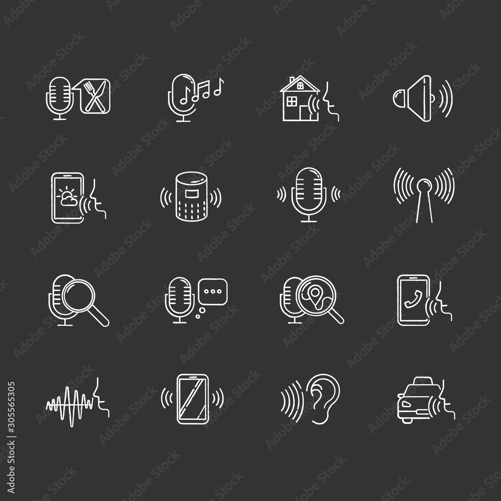 Poster voice control chalk icons set. sound request idea. speech recognition process. microphone using mode