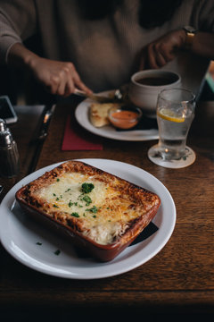 Lasagne on a restaurant table