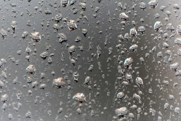 Window glas with rain drops; water drops and window wire mesh viewed from house interior