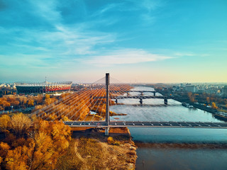 Beautiful panoramic aerial dsrone view to Swietokrzyski Bridge (Polish: Świętokrzyski) and The...