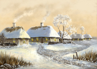 Digital oil paintings rural landscape, old village,winter landscape with houses and trees. Fine art.