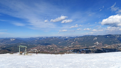 wonderful snowy mountain landscape in early spring