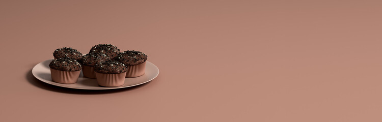 Muffins in Plate, Chocolate, Brown, 3D Rendering, 3D Illustration