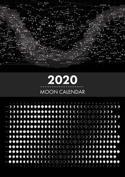 2020 moon phases calendar and star map vector