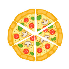 Pizza slice top view isolated on white background, with bacon, cheese and mushroom. vector illustration