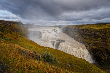Fototapeta na wymiar Amazing Gullfoss waterfall with rainbow in Iceland. September 2019