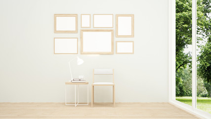 Living room in home or villa and nature view - Relax area in living room and forest view background - Showroom design for residential artwork - 3D Rendering