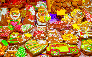 Gingerbread cookies food on Christmas market in Europe in winter. German Night street Xmas and...