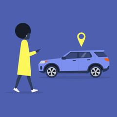 Young african female character using a car sharing mobile app service, millennial lifestyle