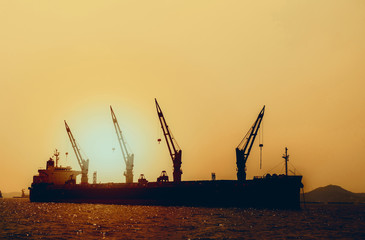 cargo ship in sea at sunset