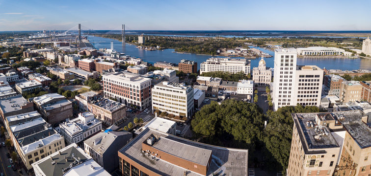 Aerial panorama of the downtown area of Savannah Georgia including the river and Talmadge Bridge.