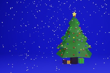 3d illustration of a Christmas tree with boxes of gift on a blue background