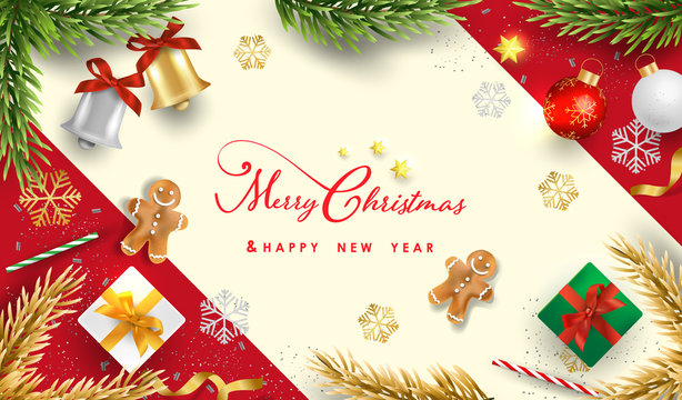 Merry Christmas and Happy New Year.Happy New Year design with realistic festive objects, Bells, garland, green and white gift boxes, ball bauble.