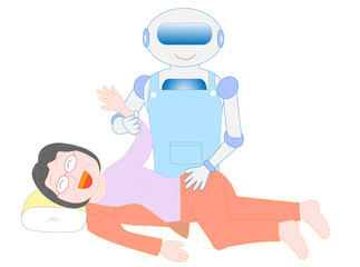 介護ロボットが高齢者の着替えをサポートしている。