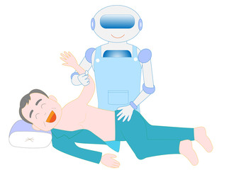 介護ロボットが高齢者の着替えをサポートしている。