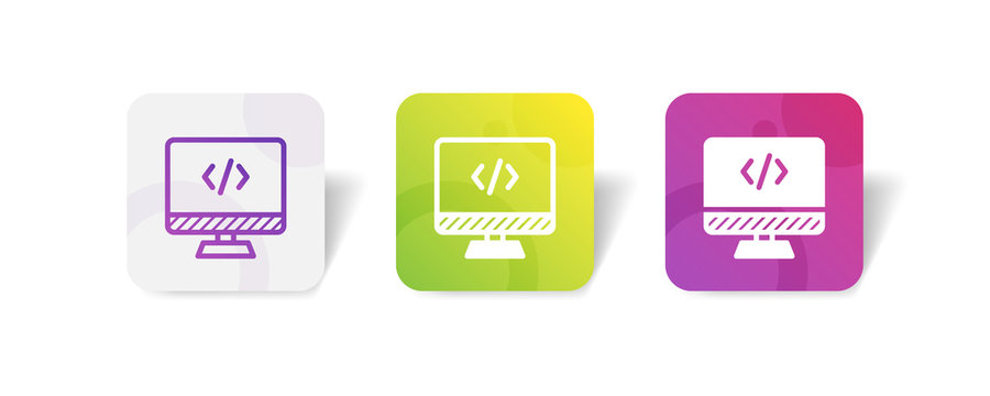 desktop monitor screen with script sign - outline and solid style icon with colorful smooth gradient background