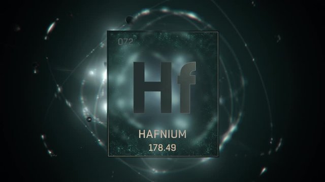 Hafnium as Element 72 of the Periodic Table. Seamlessly looping 3D animation on green illuminated atom design background with orbiting electrons. Design shows name, atomic weight and element number