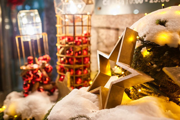 City street outdoor decorated Christmas tree