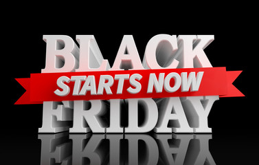 BLACK FRIDAY STARTS NOW word on white background illustration 3D rendering
