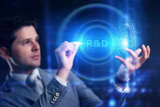 Business, Technology, Internet and network concept. Businessman touched r and d sign.