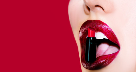 Sexy plump full lips. Lip care and protection. Lips isolated on red background. Lips and beauty...