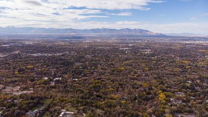 Salt Lake City Skyline, Downtown Aerial Drone. Neighborhood with mountains in the background