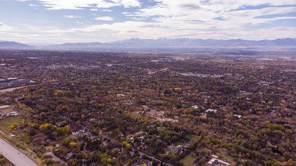 Salt Lake City Skyline, Downtown Aerial Drone. Neighborhood with mountains in the background