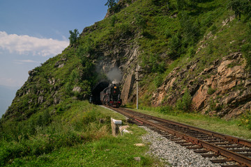Steam locomotive on the Circum-Baikal Railway near lake Baikal in Eastern Sib