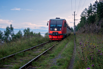 Obraz premium Train on Circum-Baikal Railway, Eastern Siberia, Irkutsk region