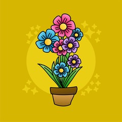 Illustration of Beautiful Pink, Blue and Purple Flower, Flat Design