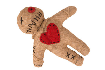 Voodoo doll with in burlap fabric, isolated on white background. Directly above. Cut out. - 305582323