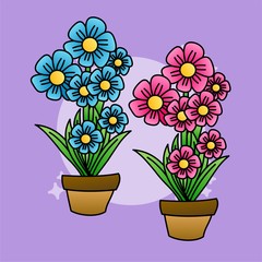 Illustration of Beautiful Pink and Blue Flower, Flat Design