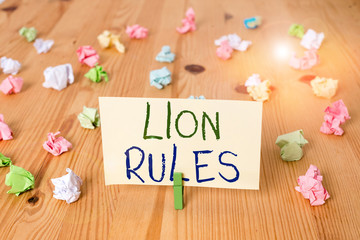 Conceptual hand writing showing Lion Rules. Concept meaning epitome of strength power and masculinity Master of own domain Colored crumpled papers wooden floor background clothespin