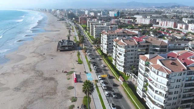 Road along the pacific ocean coast beach (Coquimbo La Serena Chile) aerial view