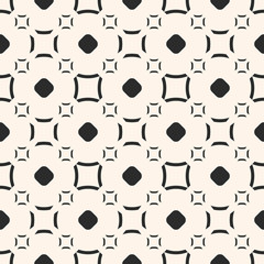 Funky geometric pattern. Vector seamless texture with simple geometrical shapes, circles, outline squares, curved lines. Stylish abstract background, repeat tiles, black & beige color. Modern design