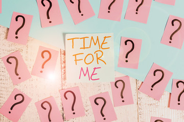 Word writing text Time For Me. Business photo showcasing I will take a moment to be with myself Meditate Relax Happiness Scribbled and crumbling papers with thick cardboard above wooden table